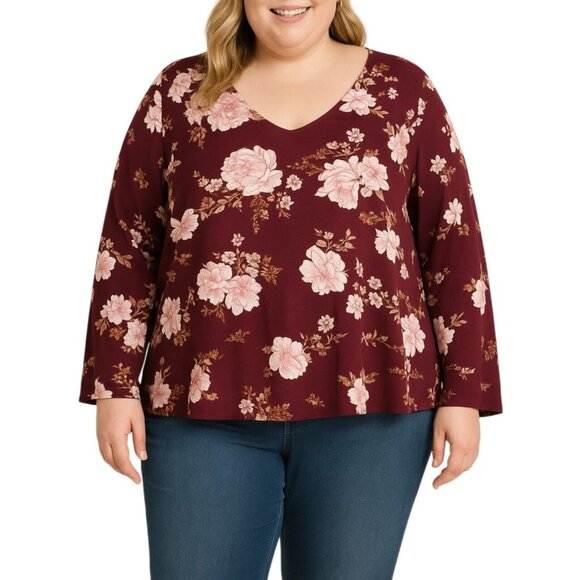Forever 21+ Womens Burgundy Floral V-Neck Long Sleeve Blouse Plus Size 2X - Picture 1 of 7